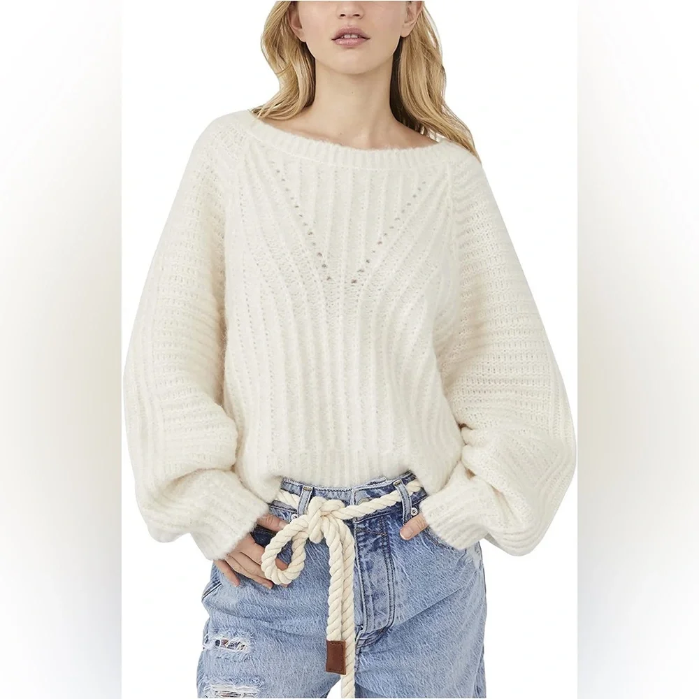Free People Carter Boat Neck Long Blouson Sleeve Statement Sweater